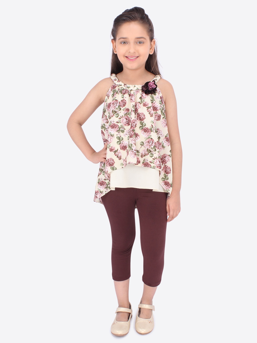

CUTECUMBER Girls Beige & Maroon Printed A-Line Top