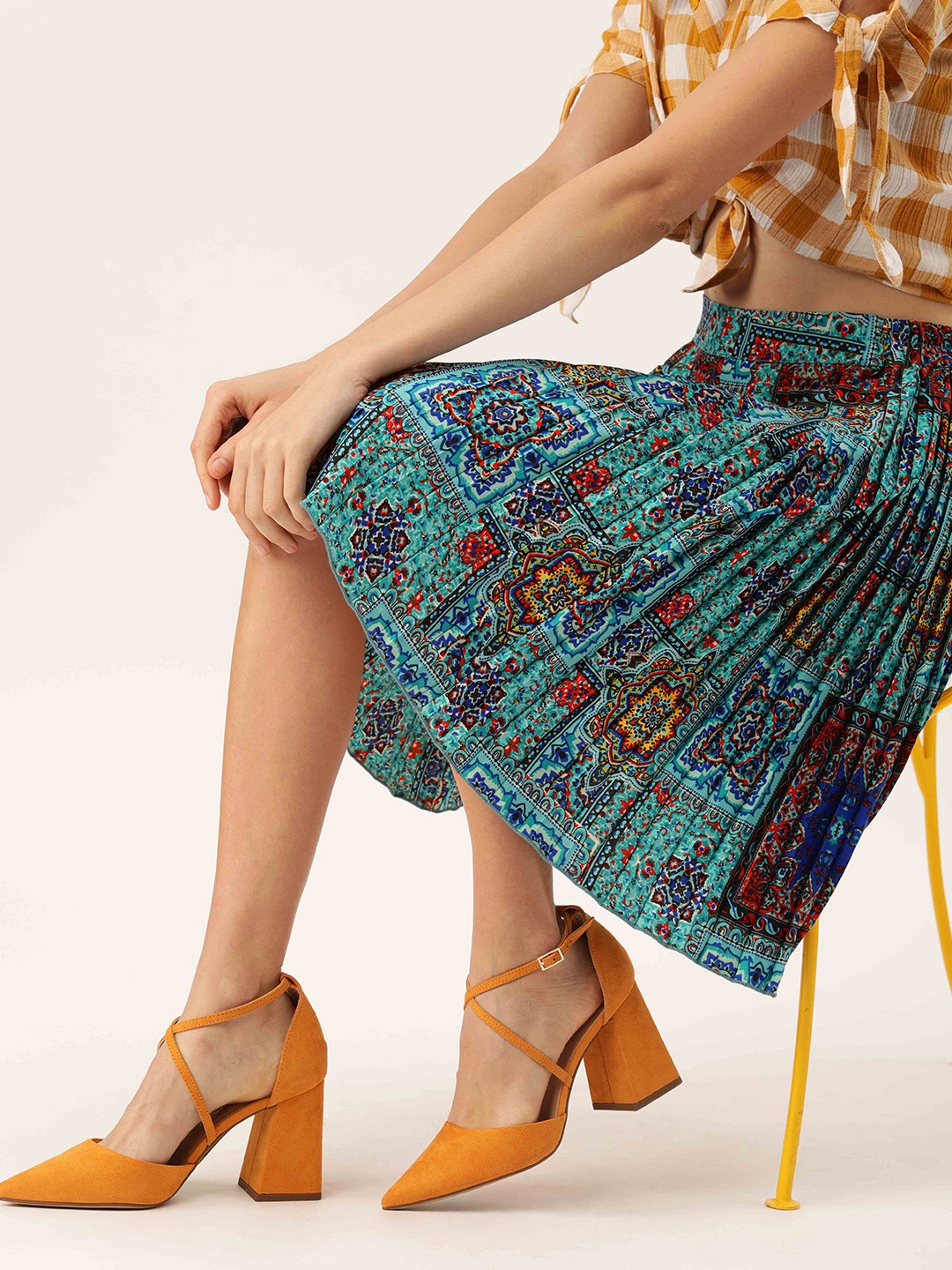 

Antheaa Women Blue & Red Printed & Pleated A-Line Skirt