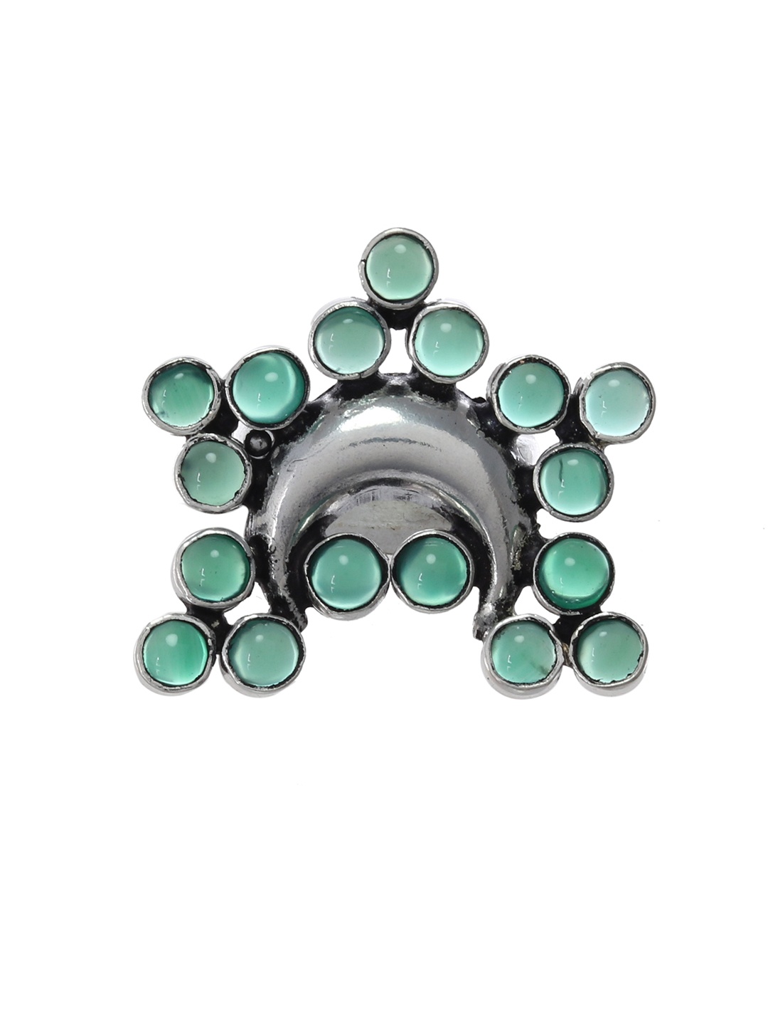 

Silvermerc Designs Silver-Toned & Green Stone-Studded Oxidised Silver Finger Ring