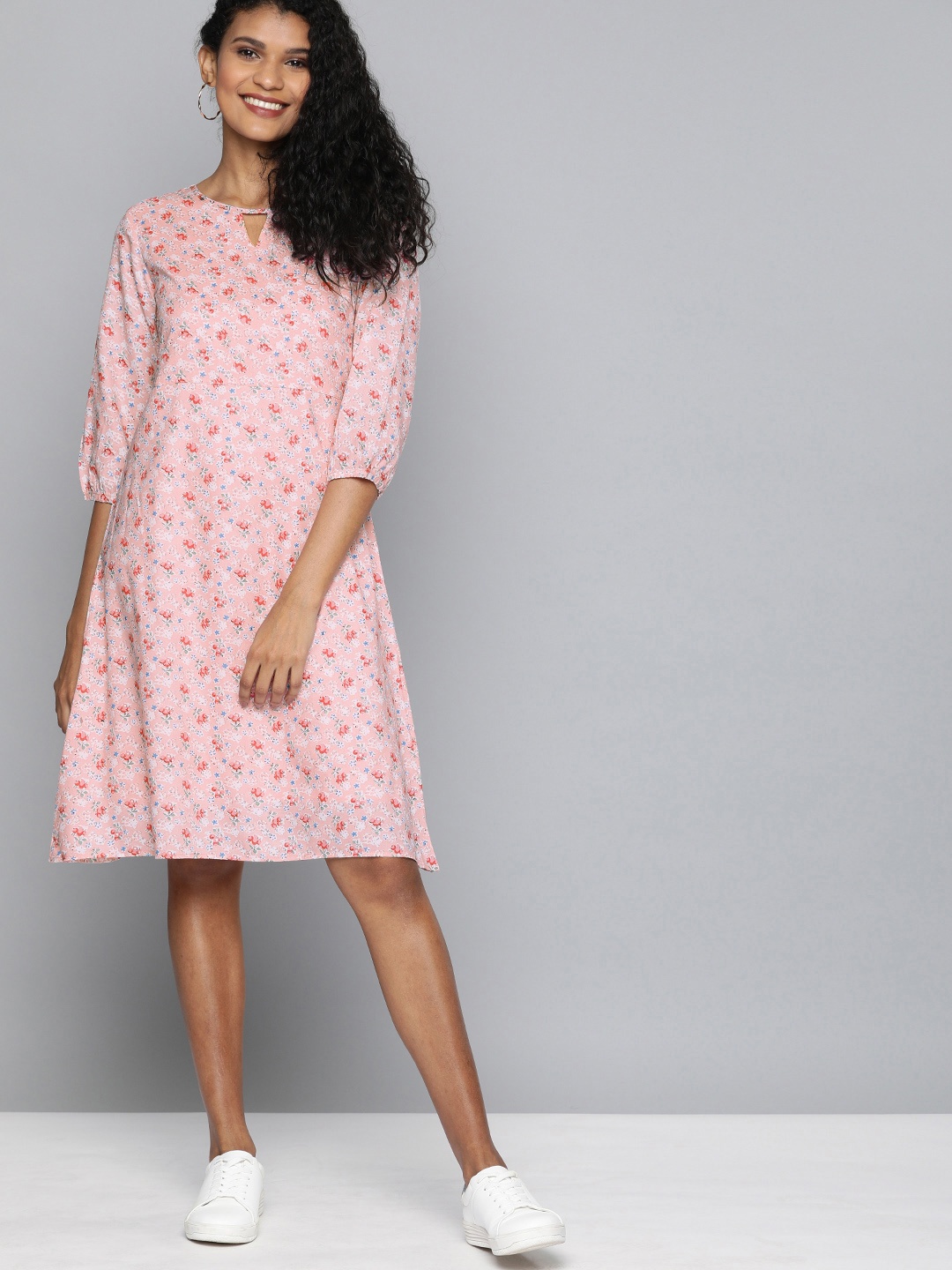 

HERE&NOW Women Pink & White Floral Print A-Line Dress
