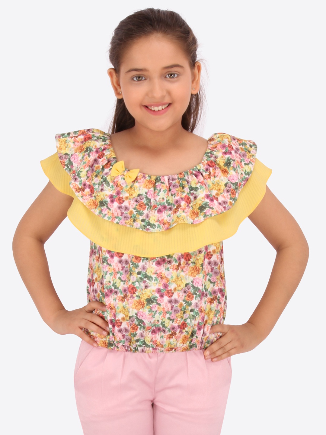 

CUTECUMBER Girls Yellow & Pink Floral Print Bardot Top