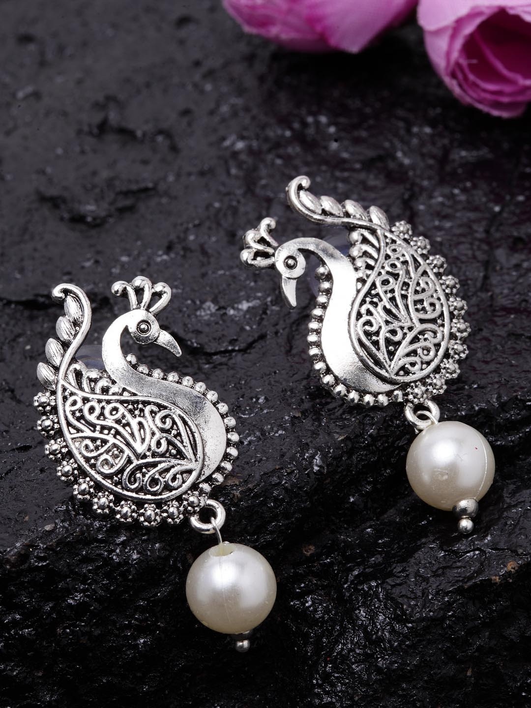 

PANASH Silver-Plated Peacock Shaped Drop Earrings