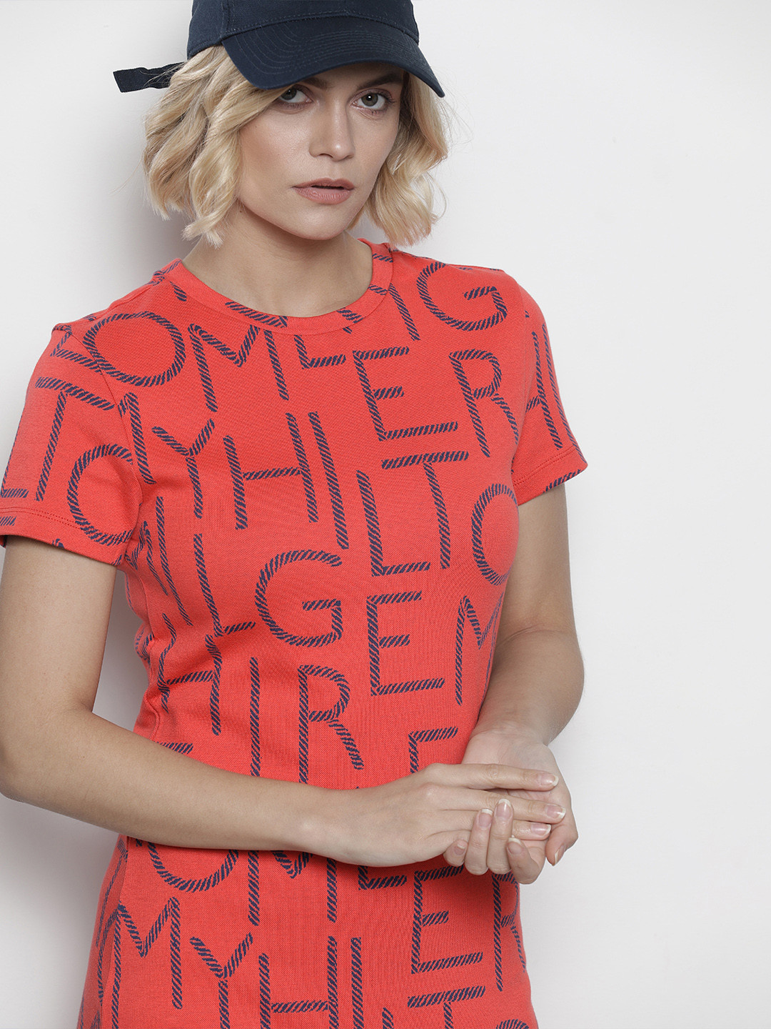

Tommy Hilfiger Women Red & Navy Blue Slim Fit Printed T-shirt Dress