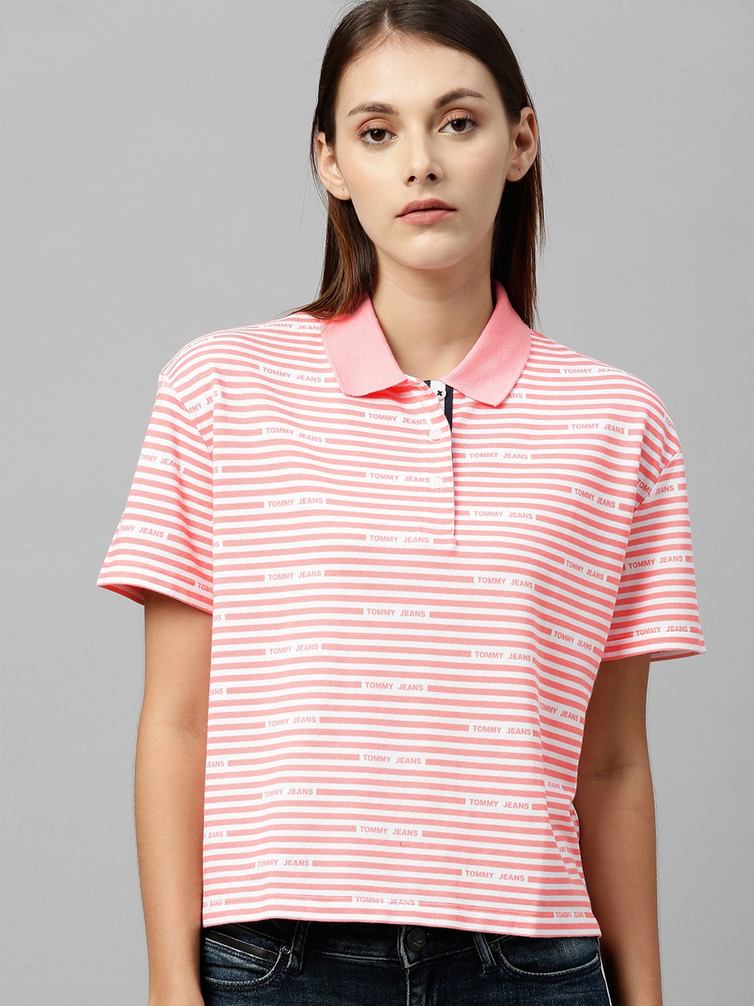 

Tommy Hilfiger Women Pink Striped Polo Collar T-shirt