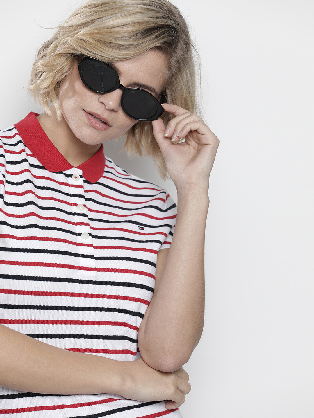 

Tommy Hilfiger Women White & Red Striped Polo Collar T-shirt
