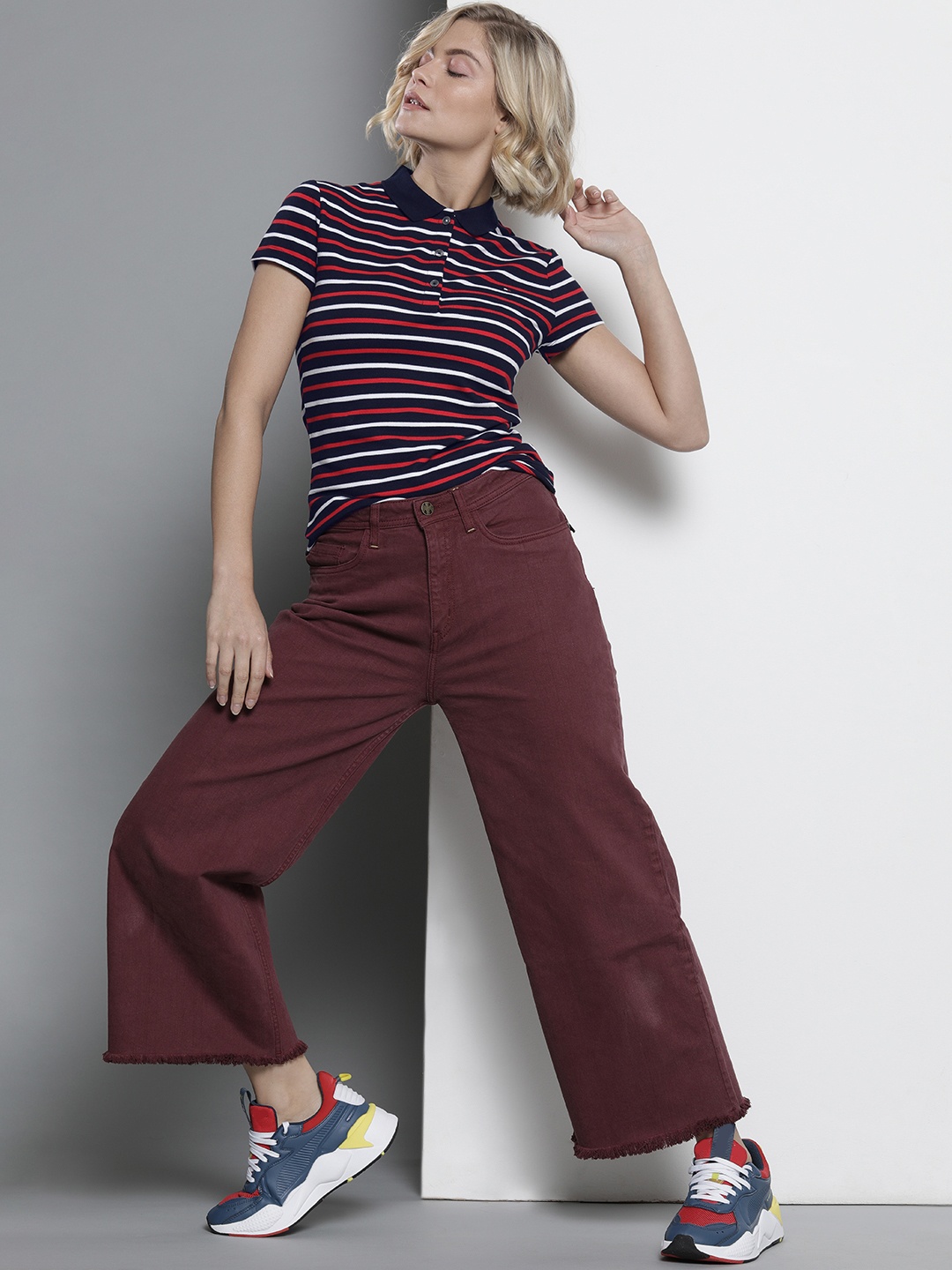 

Tommy Hilfiger Women Navy Blue & Red Striped Polo Collar T-shirt
