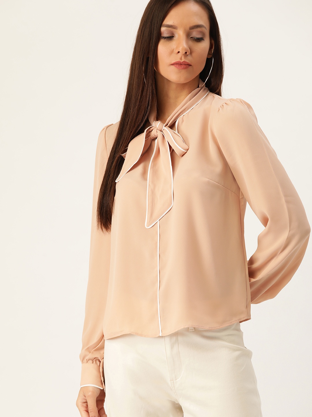 

FOREVER 21 Women Beige Tie-Up Neck Regular Top