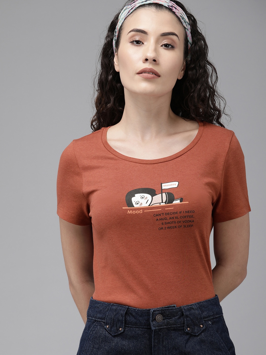 

Vero Moda Women Rust Orange Printed Round Neck T-shirt