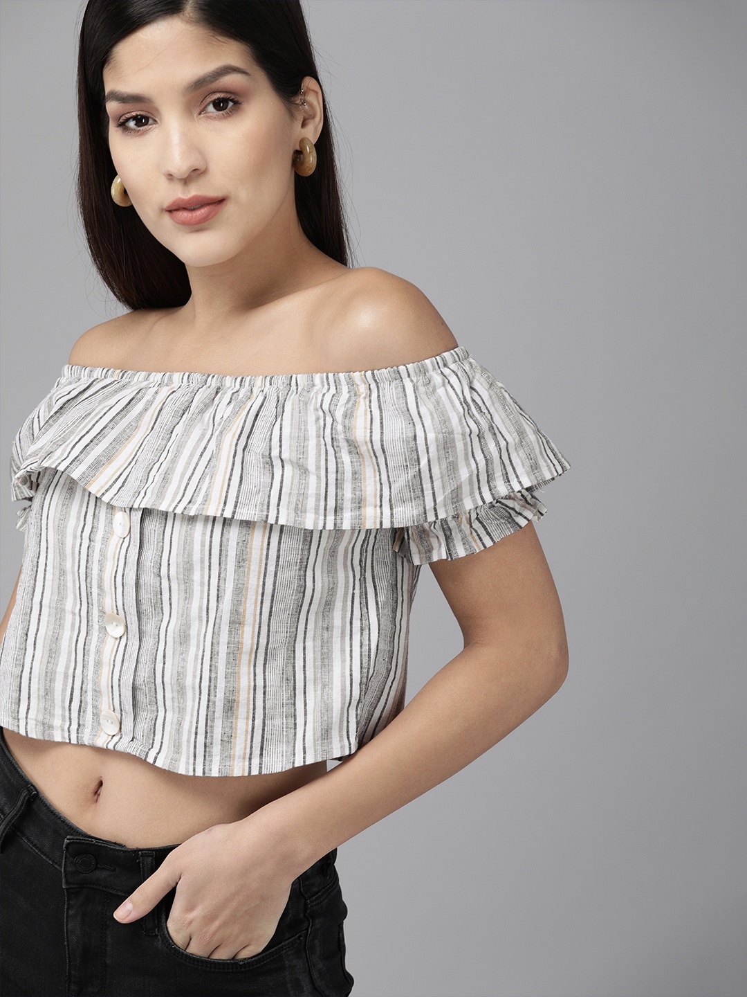 

Vero Moda Women White & Black Striped Bardot Linen Top With Gathered Detail