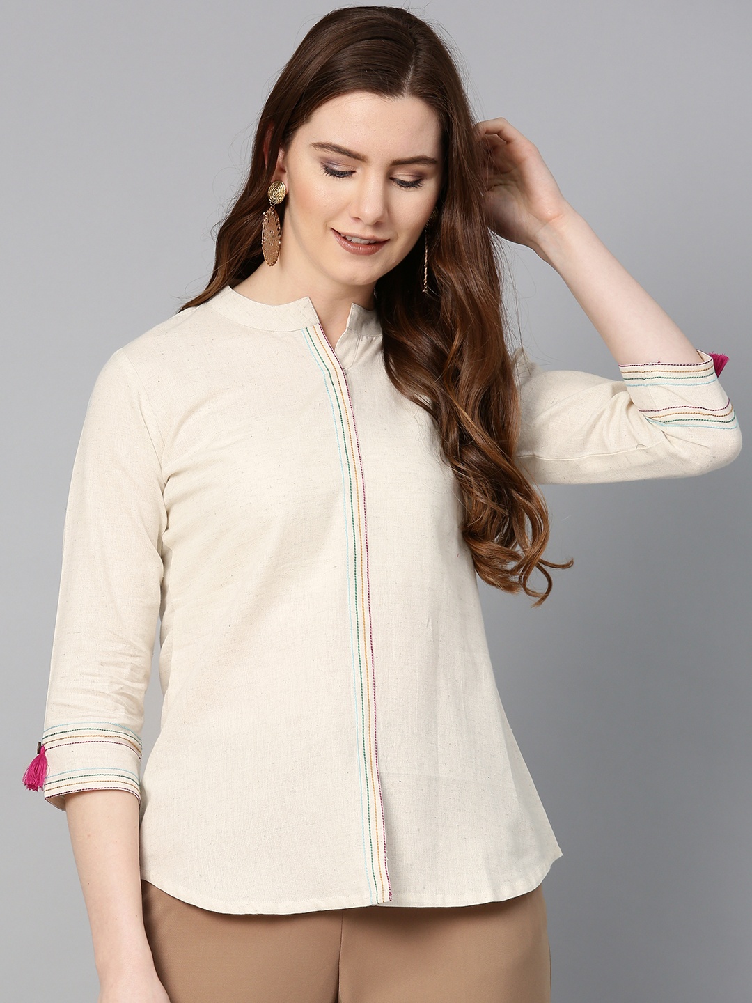 

ETHNIC STREET Women Beige Solid Shirt Style Pure Cotton Top