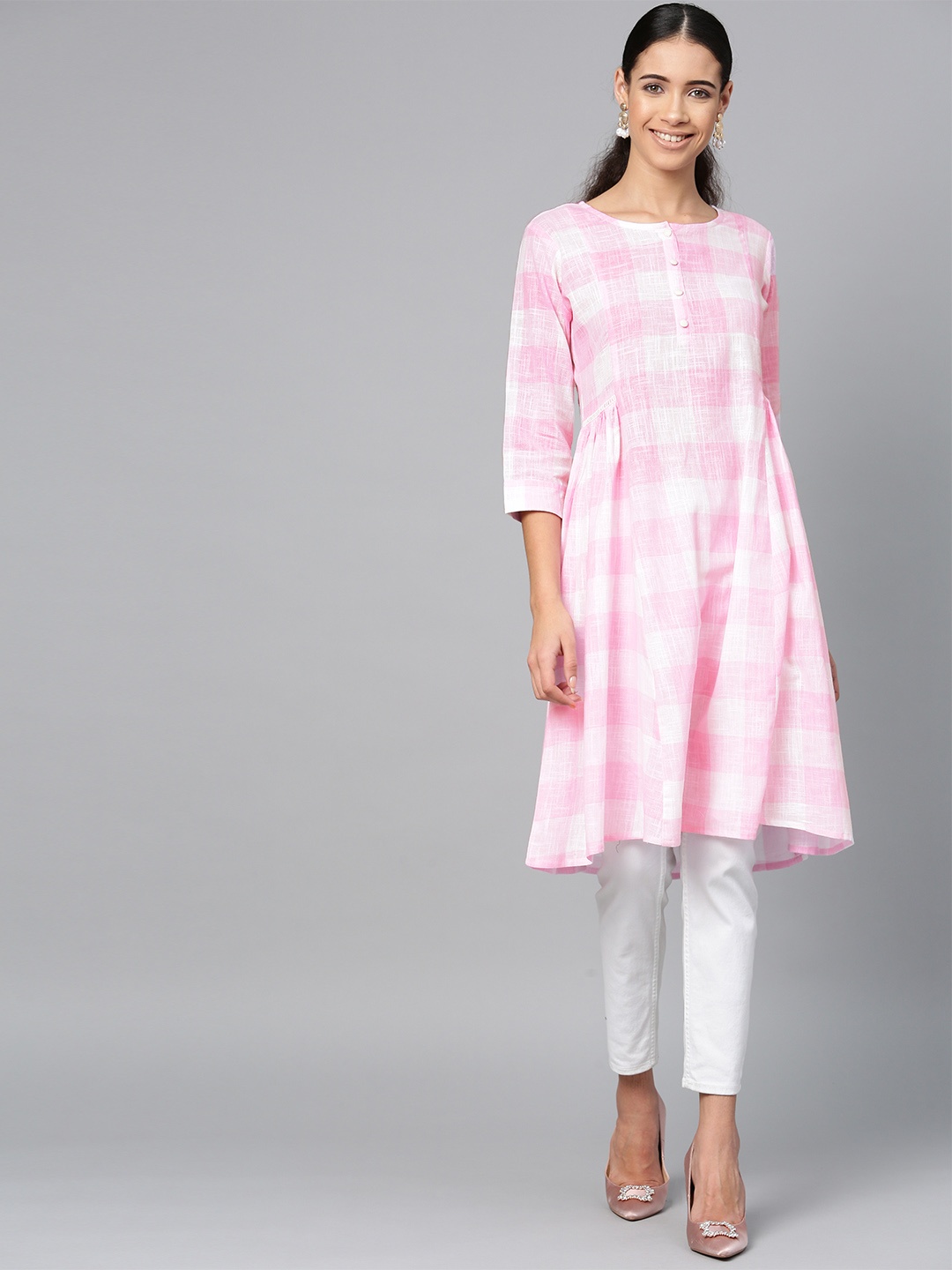 

ETHNIC STREET Women Pink & White Checked A-Line Kurta