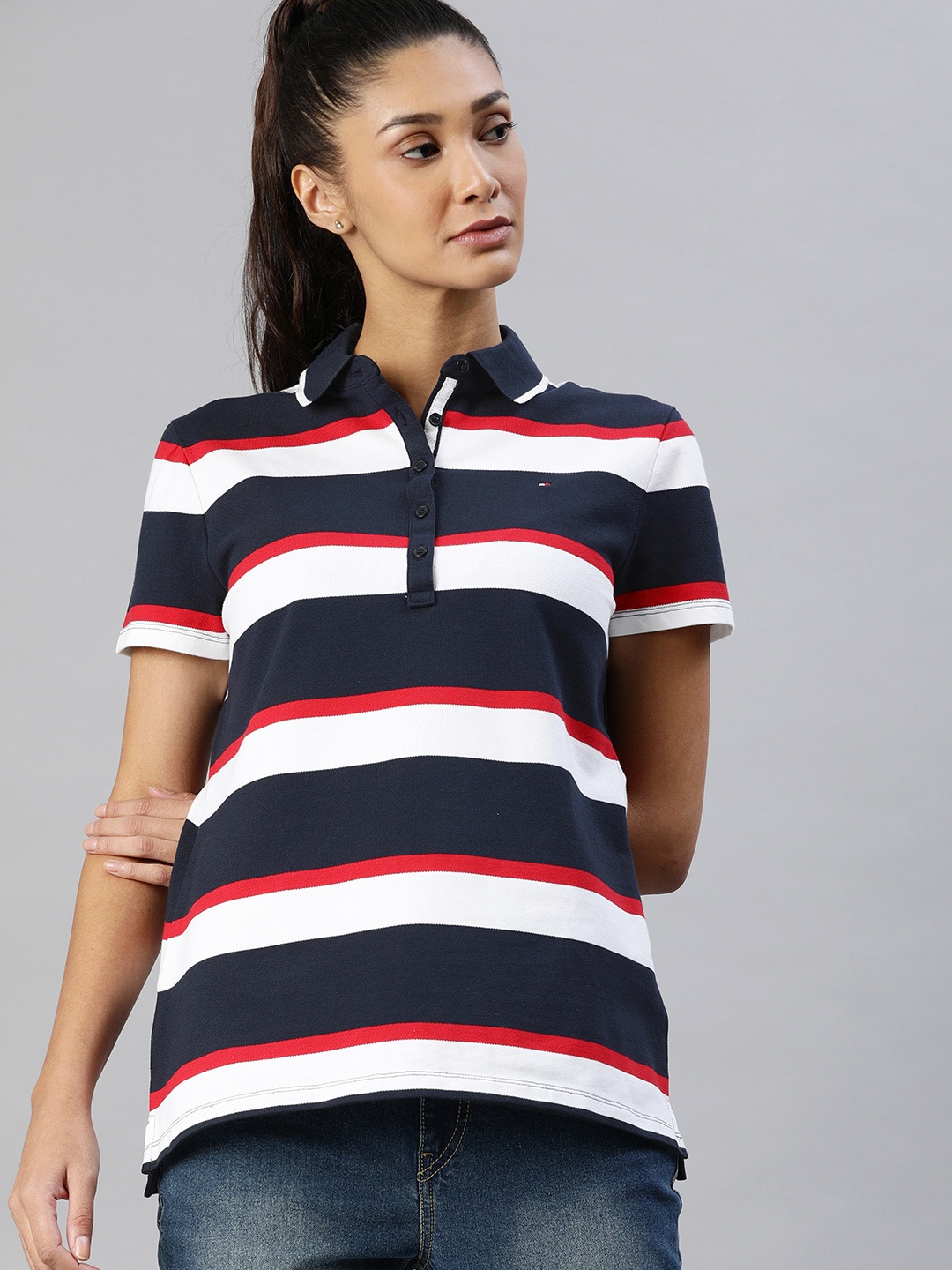 

Tommy Hilfiger Women Navy Blue & White Striped Polo Collar T-shirt