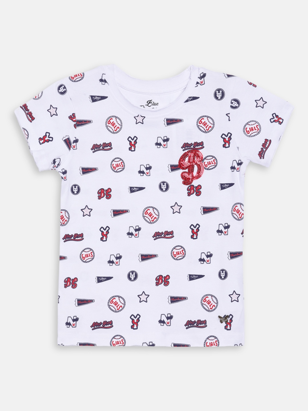 

Blue Giraffe Girls White Printed Round Neck T-shirt