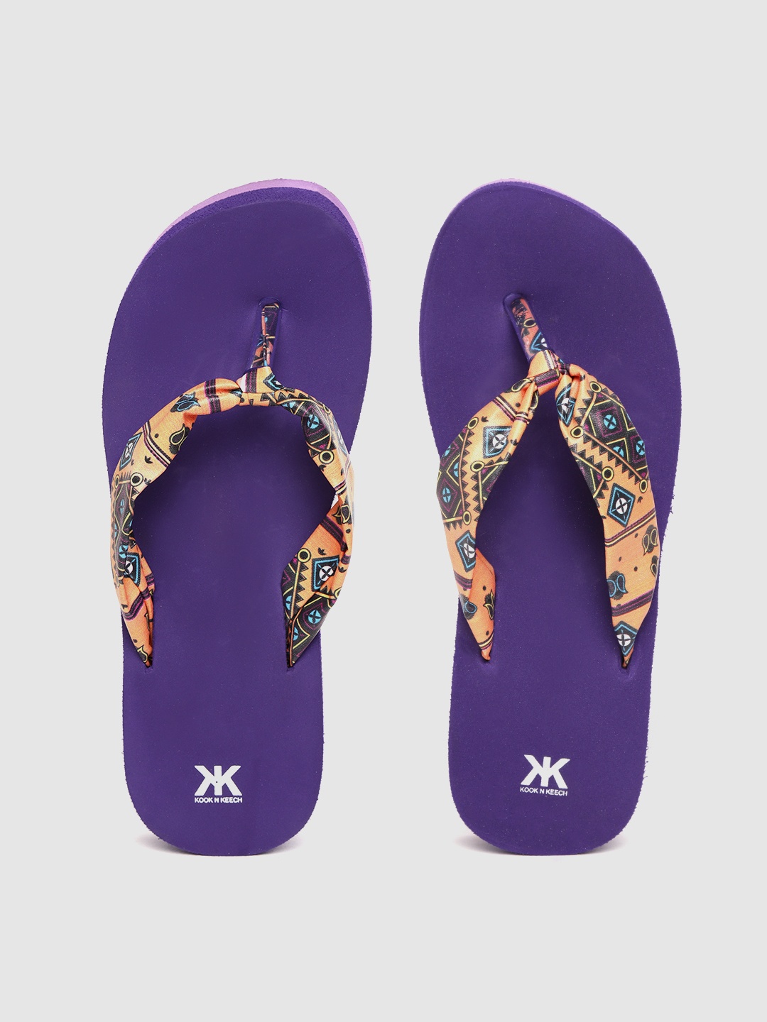 

Kook N Keech Women Mustard Yellow & Purple Printed Thong Flip-Flops