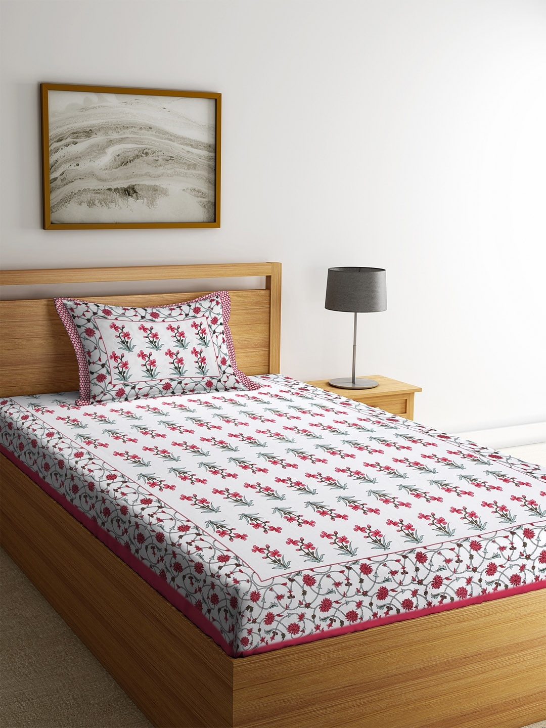 

Rajasthan Decor White Floral 144 TC Cotton 1 Single Bedsheet with 1 Pillow Covers