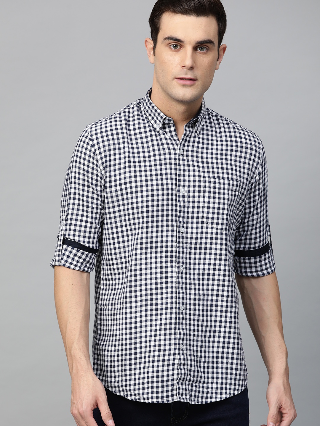 

DENNISON Men Navy Blue & White Twill Comfort Slim Fit Checked Casual Shirt
