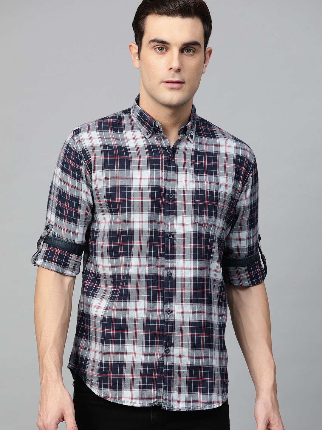 

DENNISON Men Blue & Red Comfort Slim Fit Checked Casual Shirt