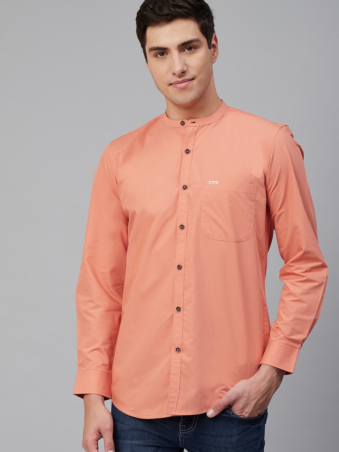 

DENNISON Men Peach-Coloured Comfort Slim Fit Handcrafted Solid Casual Shirt