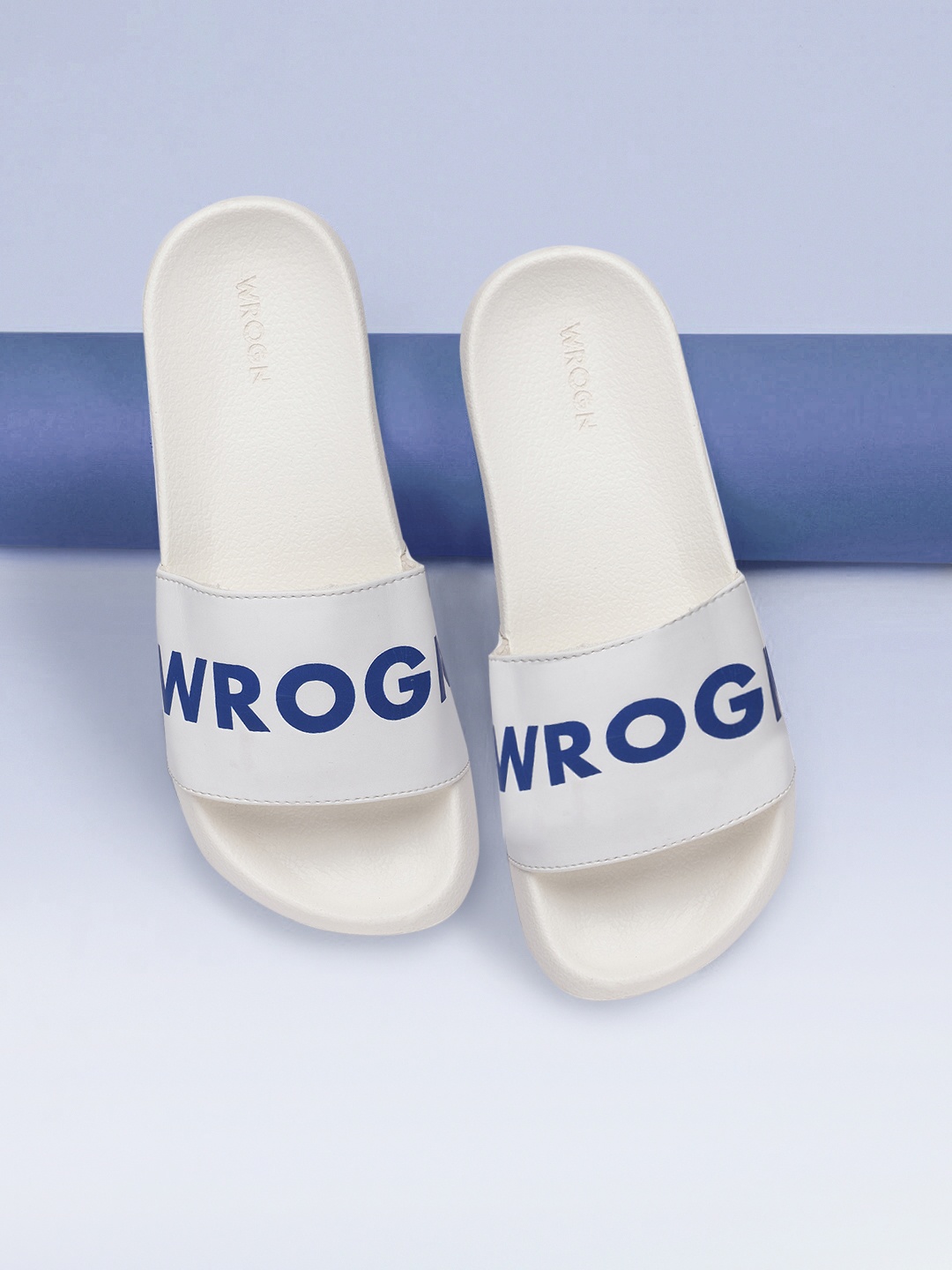 

WROGN Men White & Navy Blue Printed Rubber Sliders