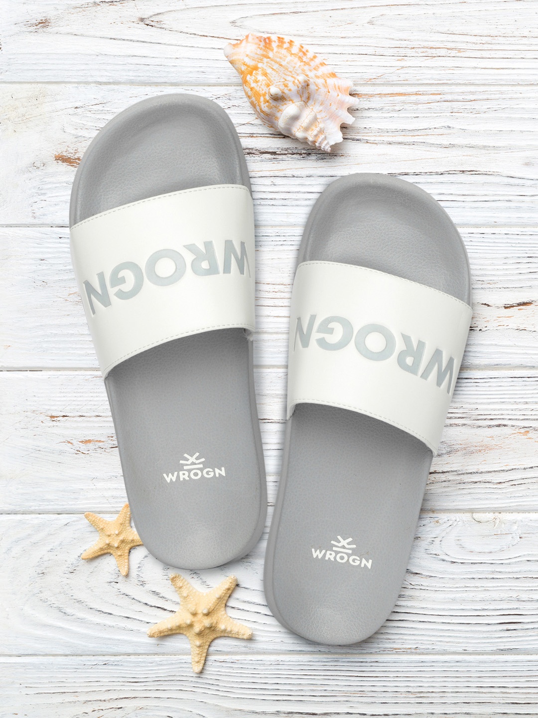 

WROGN Men White & Grey Printed Sliders