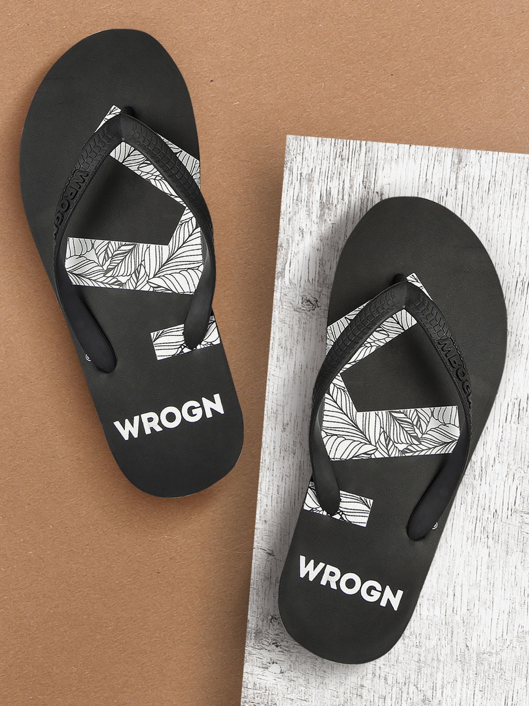 

WROGN Men Black Printed Thong Flip-Flops