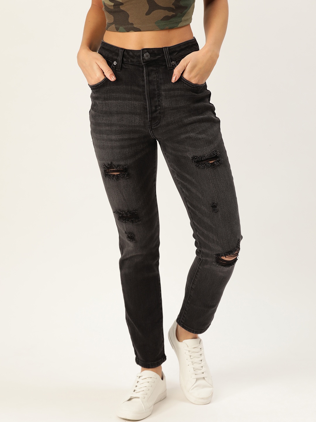 

FOREVER 21 Women Black Mom Fit Mid-Rise Mildly Distressed Stretchable Jeans