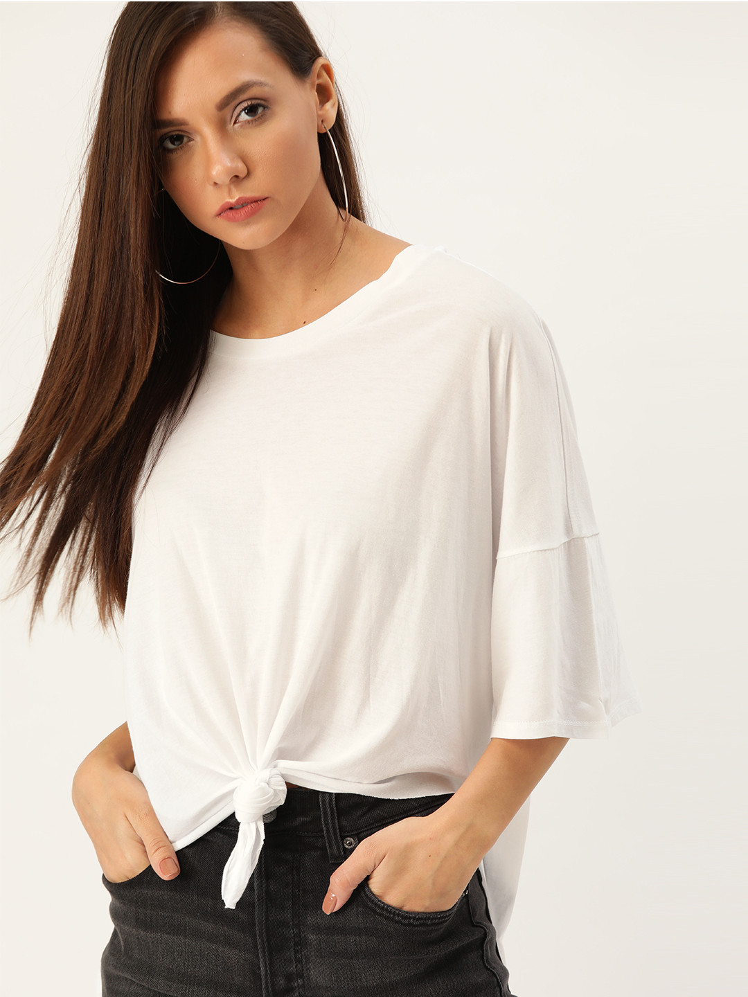 

FOREVER 21 Women White Solid Waist Tie-Up Boxy Top