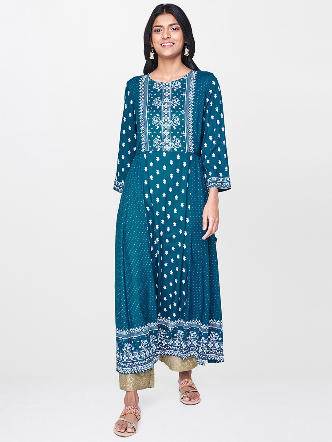 

Global Desi Women Teal Blue & White Printed Anarkali Kurta