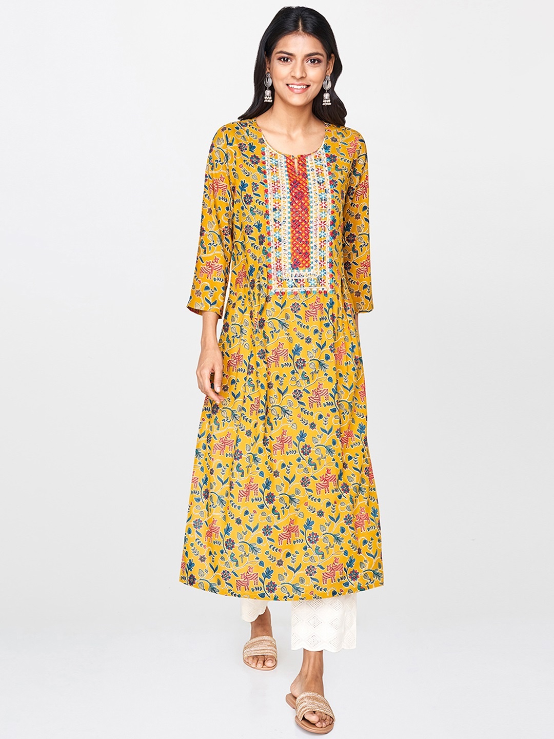

Global Desi Women Mustard Yellow & Blue Printed A-Line Kurta
