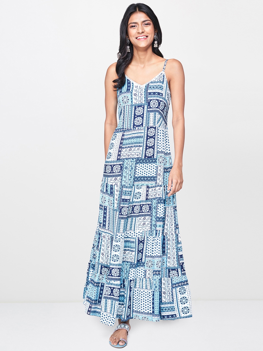 

Global Desi Women Navy Blue & White Printed Maxi Dress with Smocked Detail