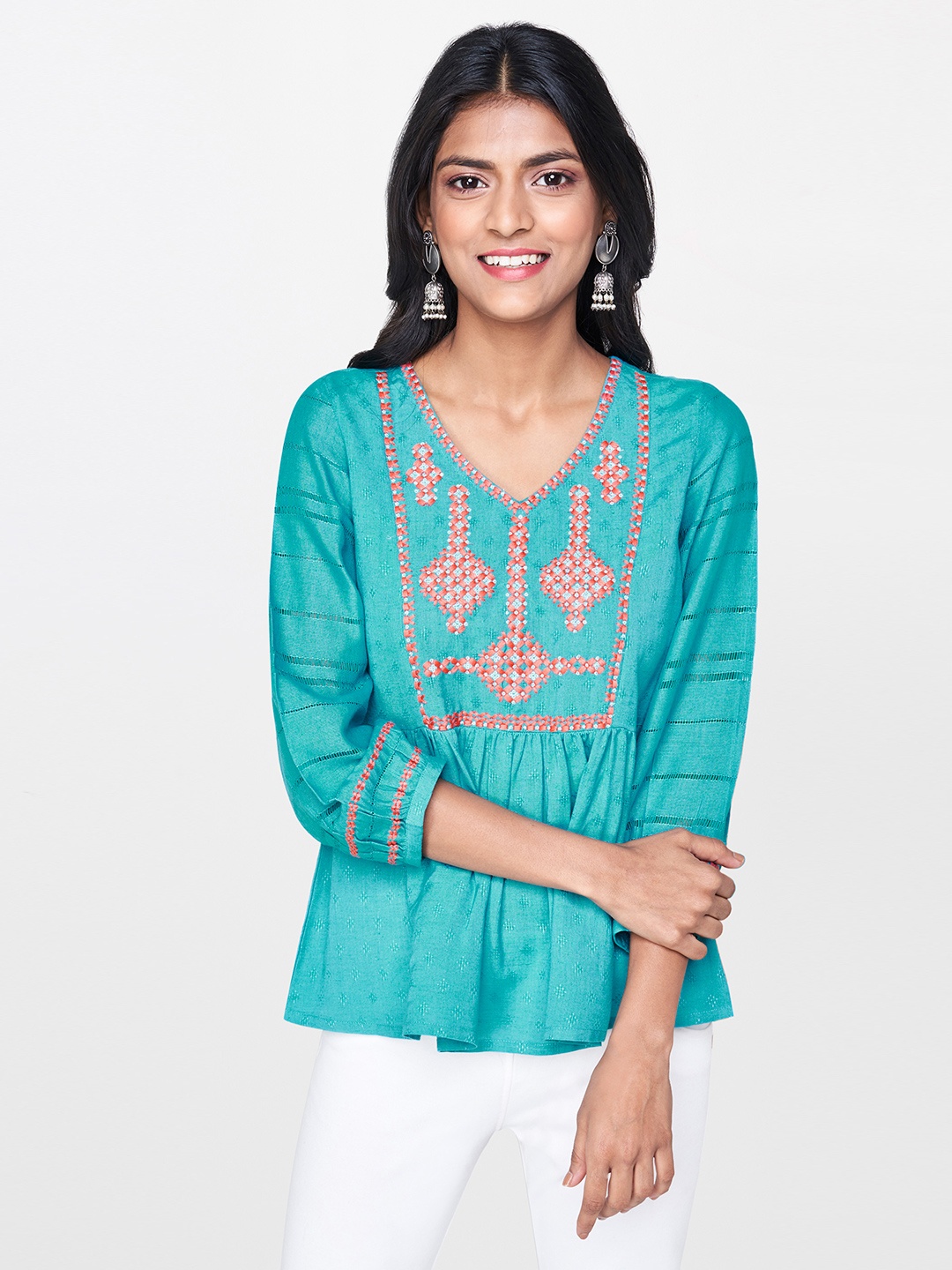 

Global Desi Women Turquoise Blue & Pink Embroidered Top with Gathers