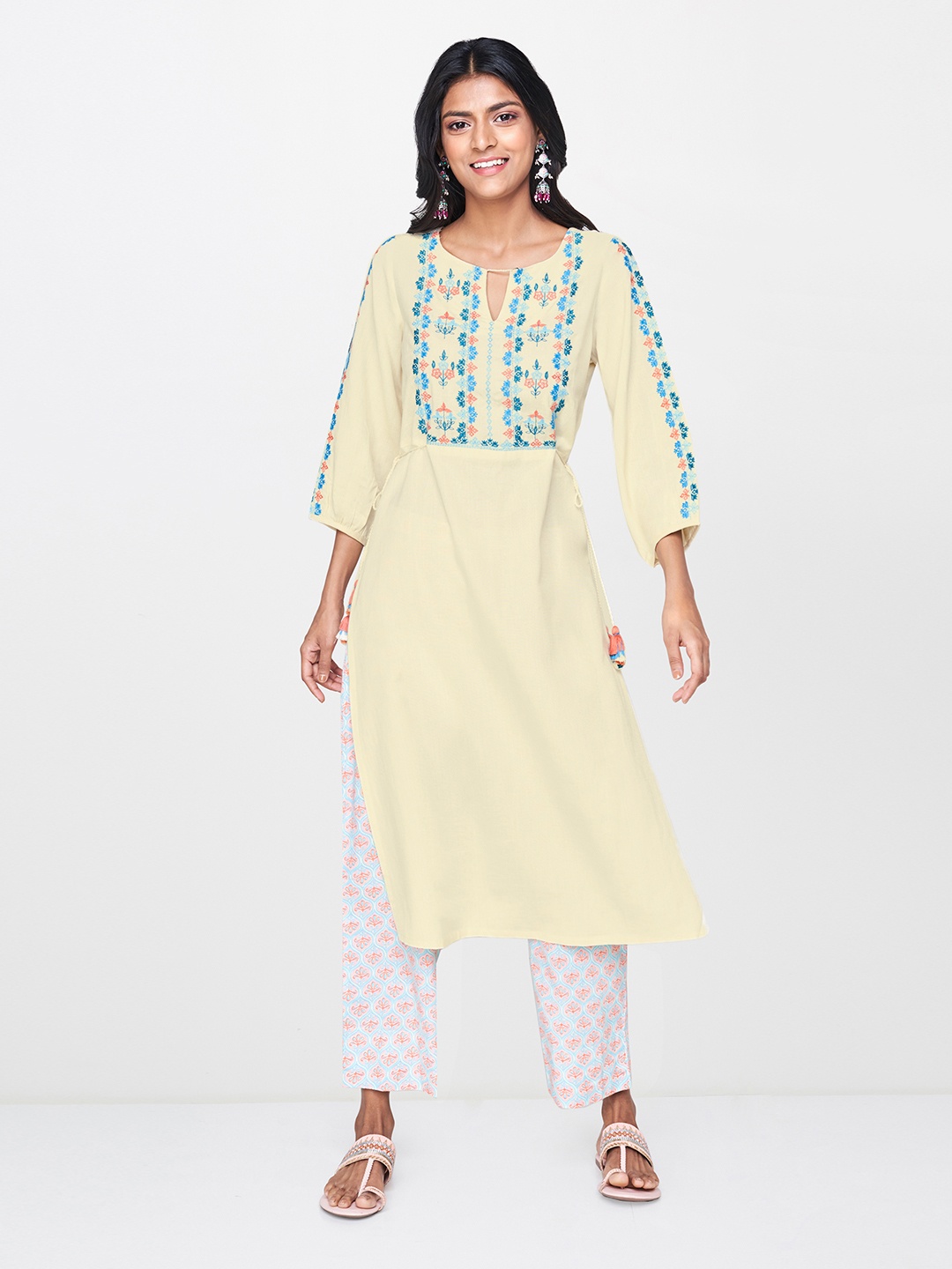 

Global Desi Women Off-White & Blue Yoke Design A-Line Kurta