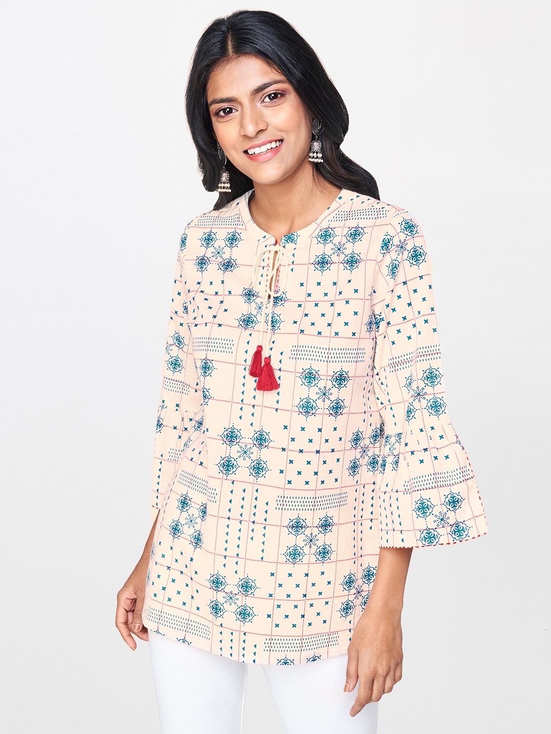 

Global Desi Women Off-White & Blue Ethnic Print Pure Cotton Top