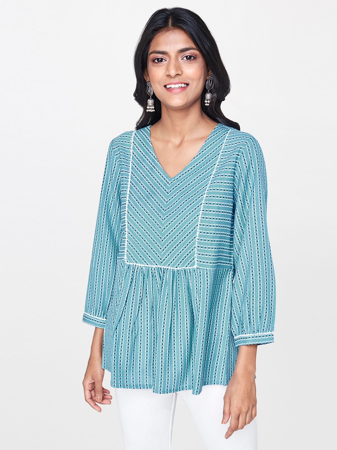 

Global Desi Women Blue & White Printed Top