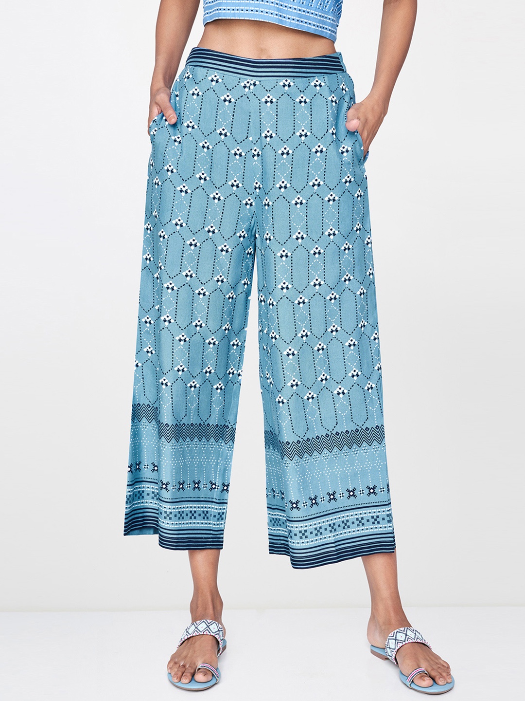 

Global Desi Women Blue & White Printed Straight Palazzos