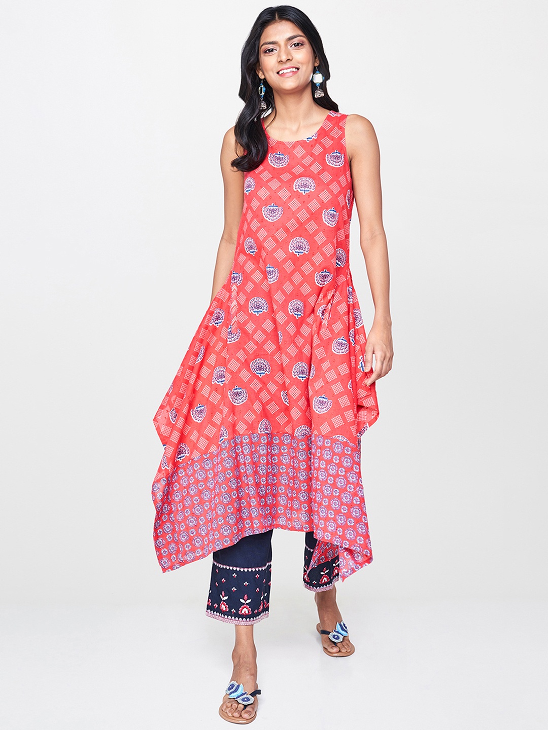 

Global Desi Women Red & Navy Blue Printed A-Line Asymmetric Kurta