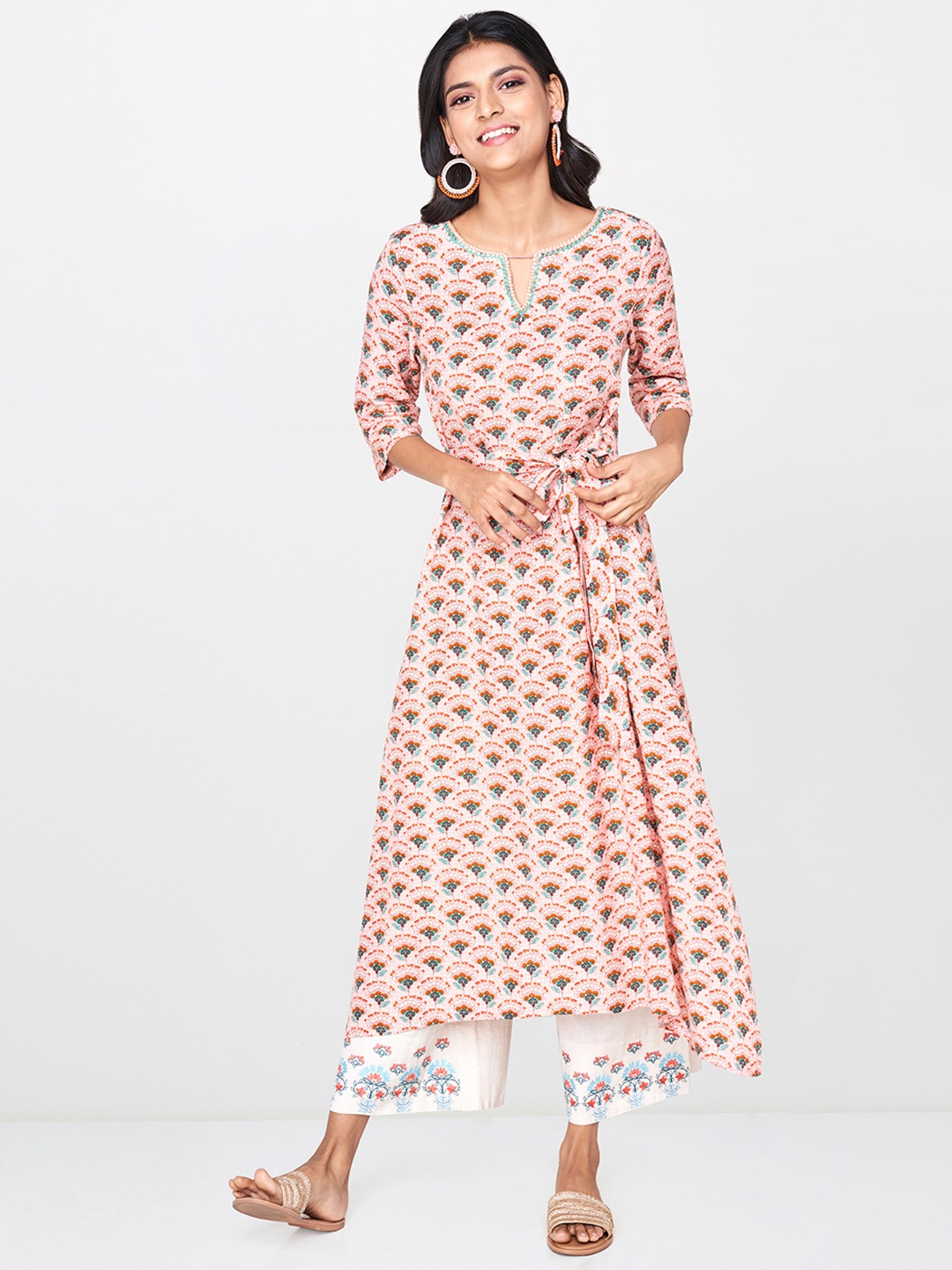 

Global Desi Women Pink & Green Printed A-Line Kurta with Embroidered Detail