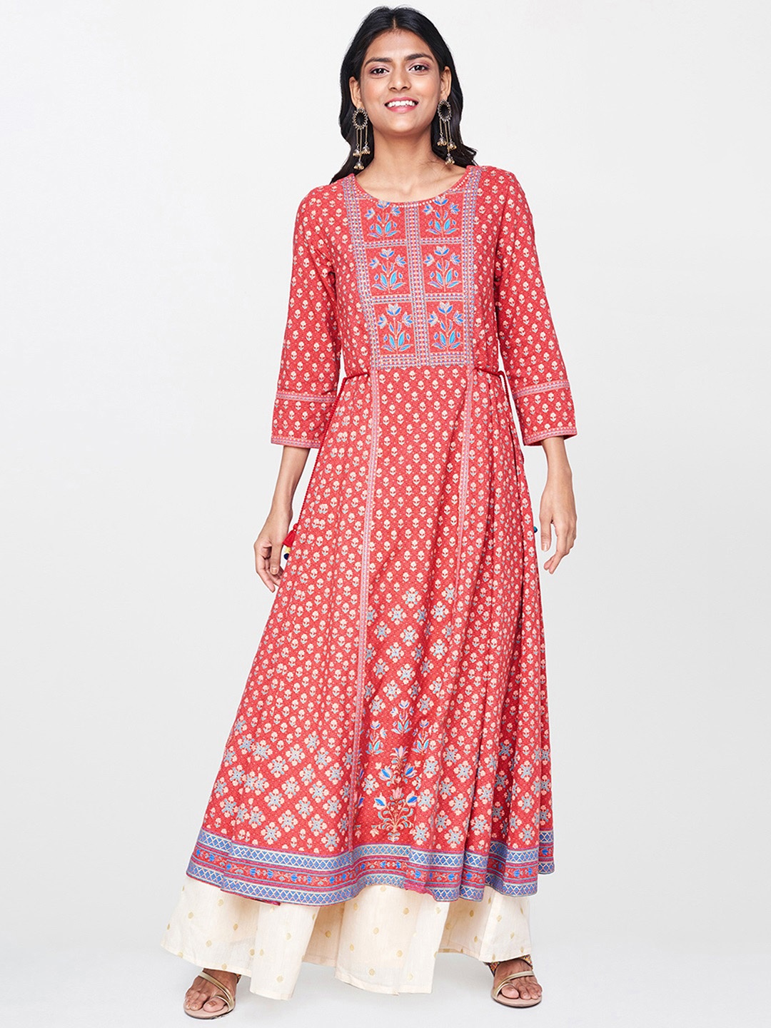 

Global Desi Women Rust Red & Teal Blue Printed Anarkali Kurta