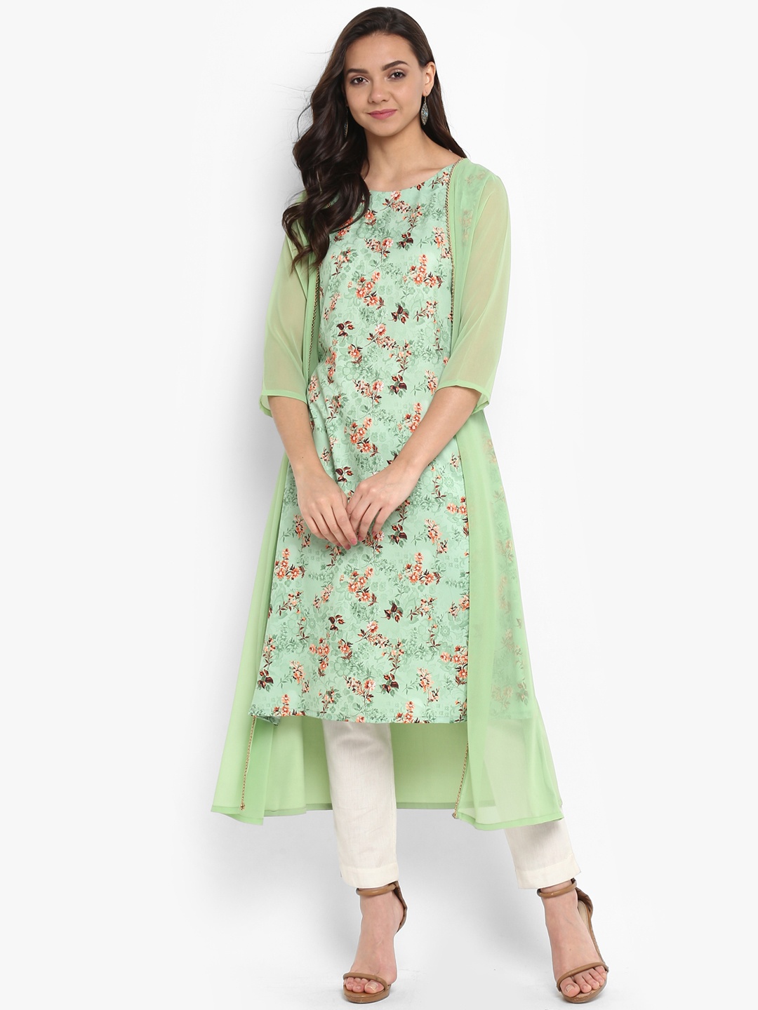 

Janasya Women Green Floral Print A-Line Kurta