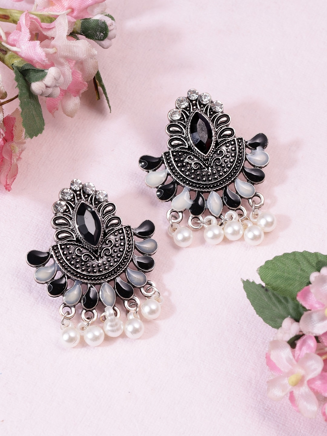 

Rubans Silver-Toned & Black Classic Drop Earrings