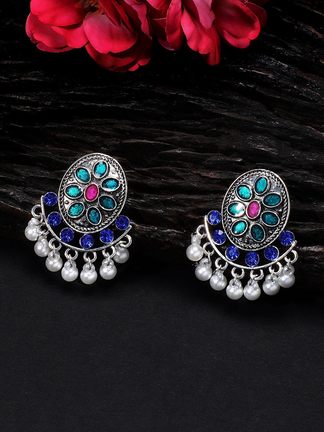 

Rubans Silver-Toned & Blue Oval Drop Earrings