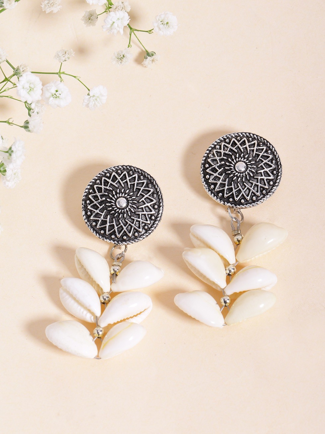 

Fida Silver-Toned & Off-White Contemporary Shell Drop Earrings