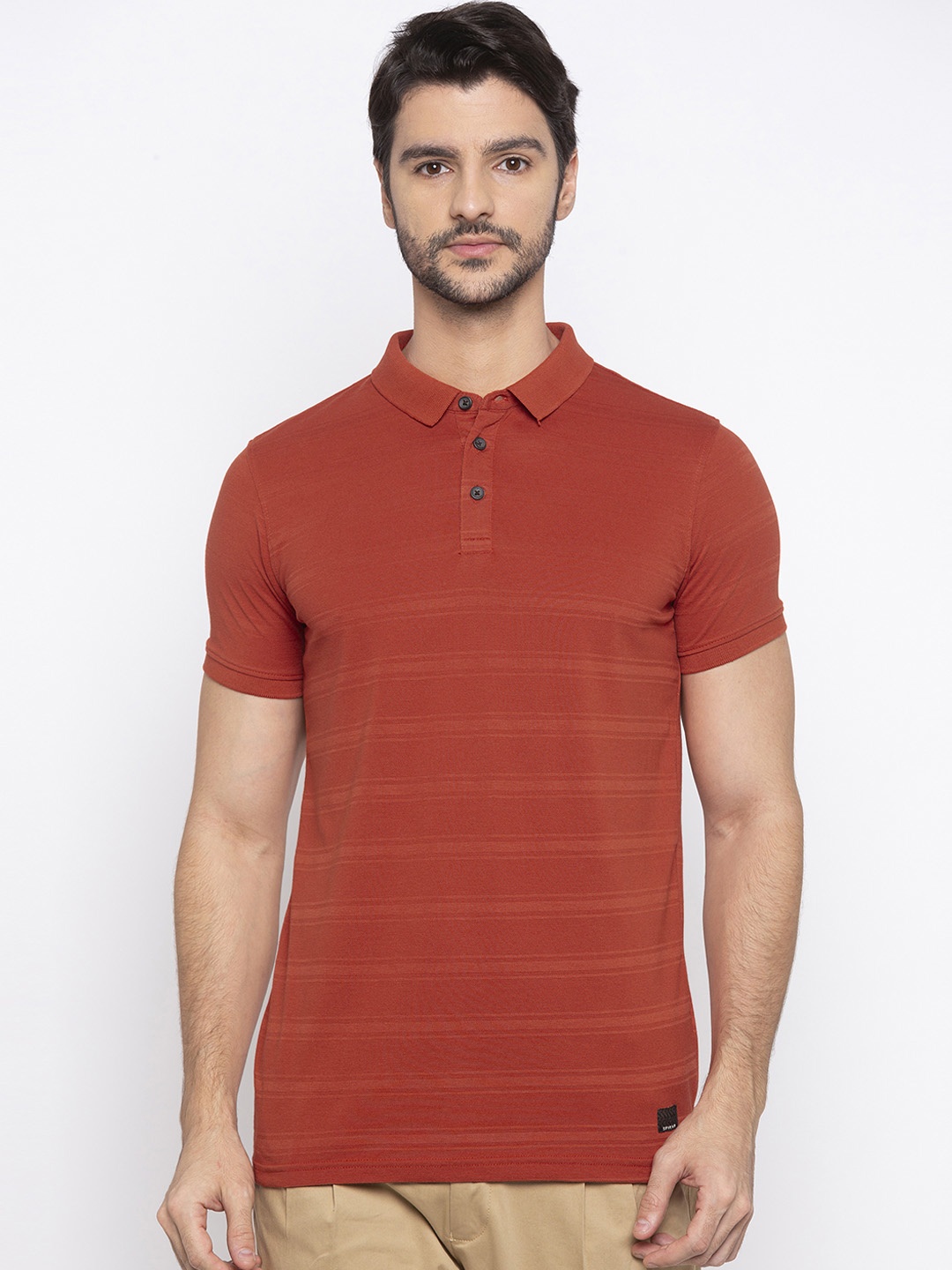 

SPYKAR Men Orange Striped Polo Collar T-shirt