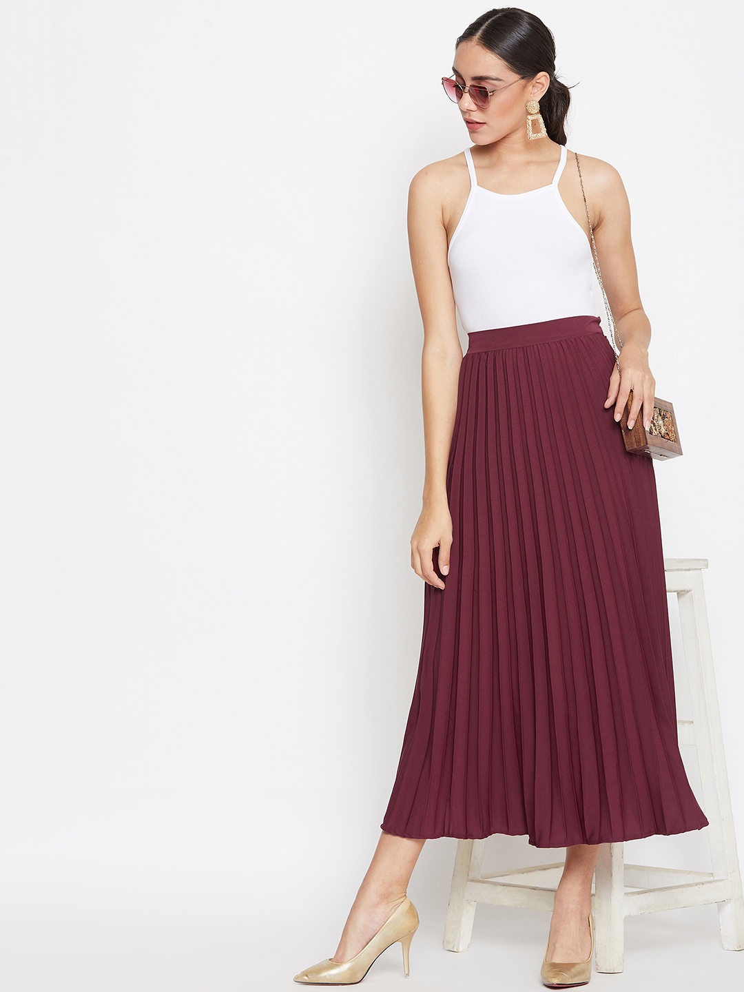 

Uptownie Lite Women Pleated Midi Skirt, Maroon