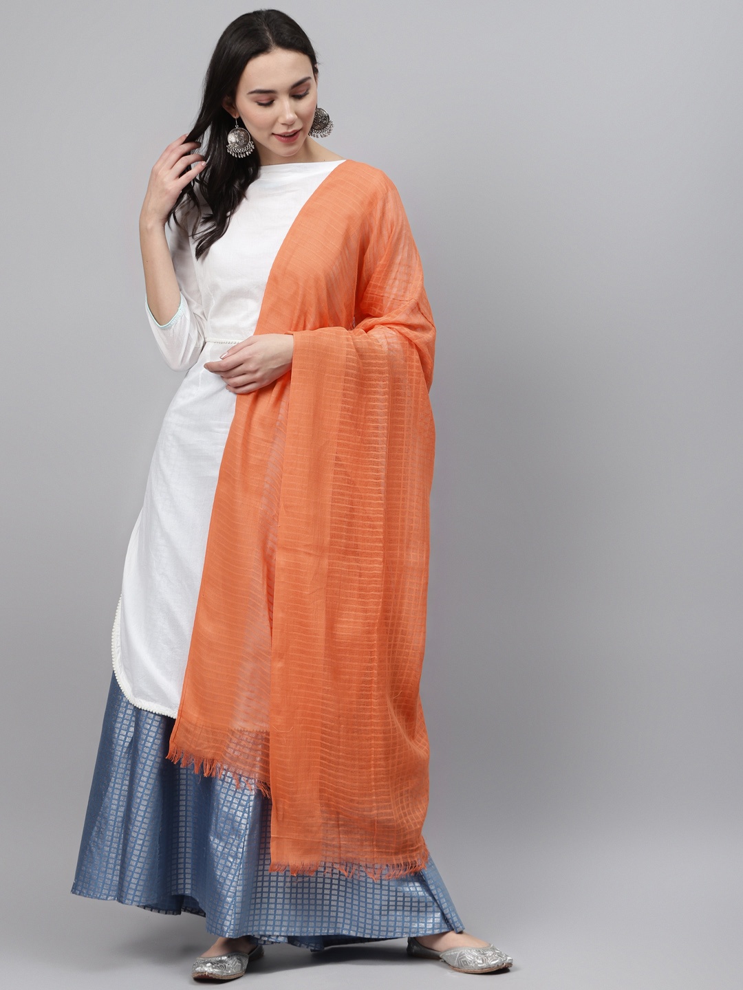 

AURELIA Orange Checked Pure Cotton Dupatta