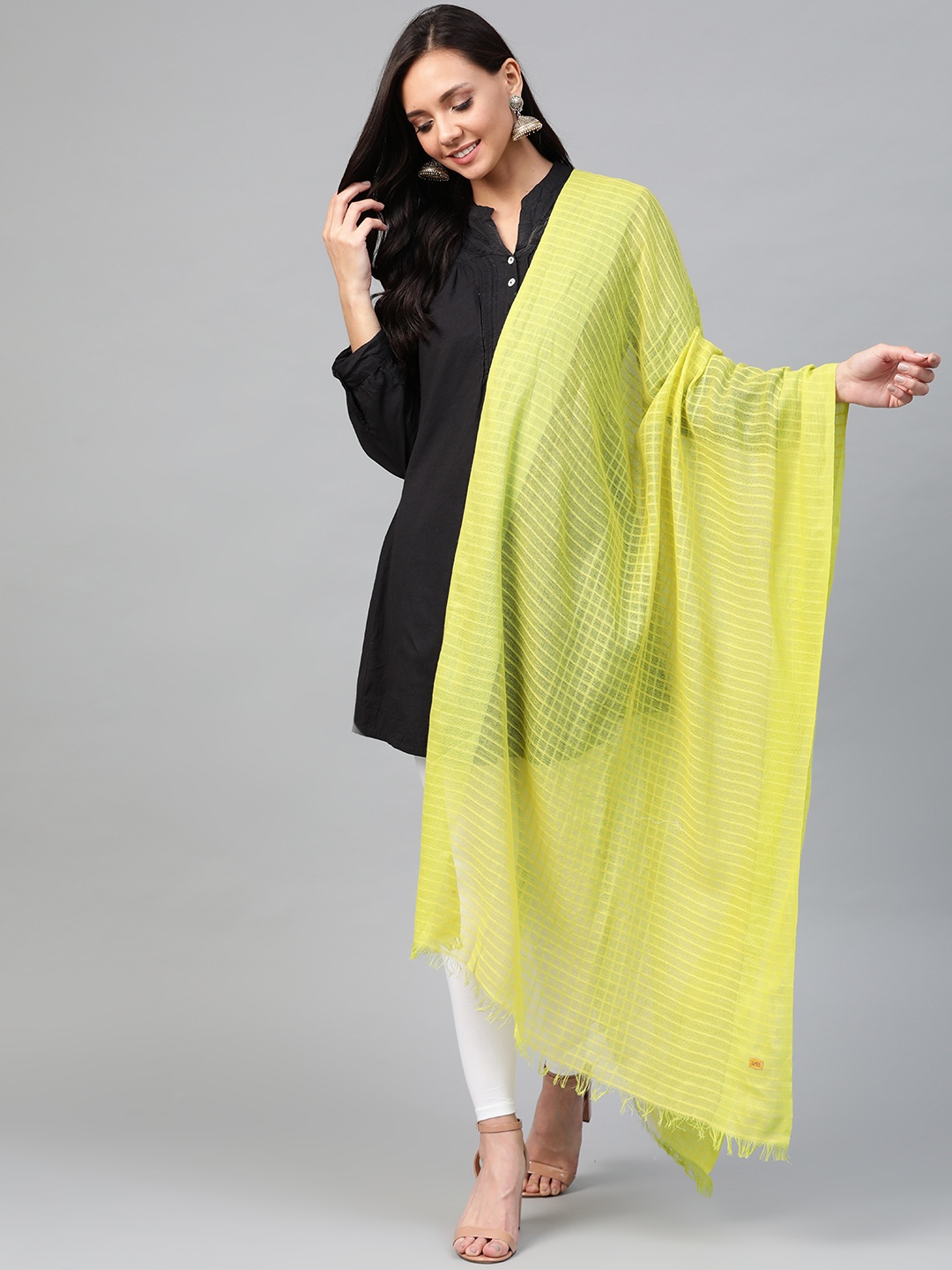 

AURELIA Lime Green Self Checked Pure Cotton Dupatta