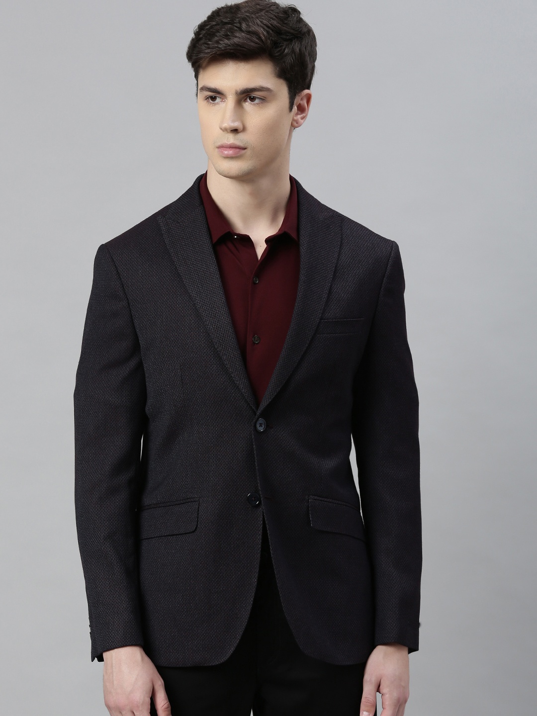 

Peter England Men Black & Maroon Self Design Neo Slim Fit Single-Breasted Formal Blazer