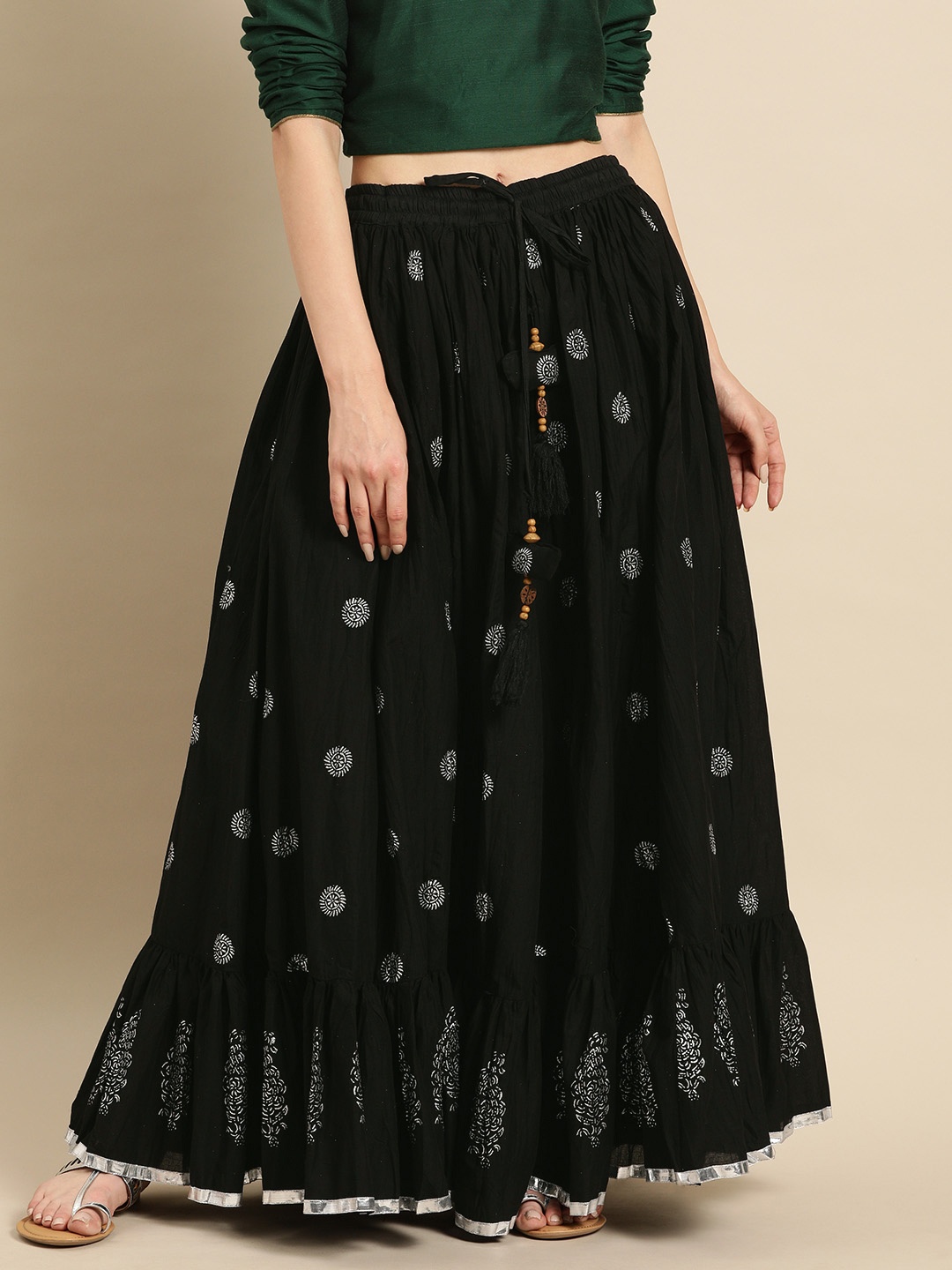 

Soch Women Black Ethnic Foil Printed Maxi Flared Skirt