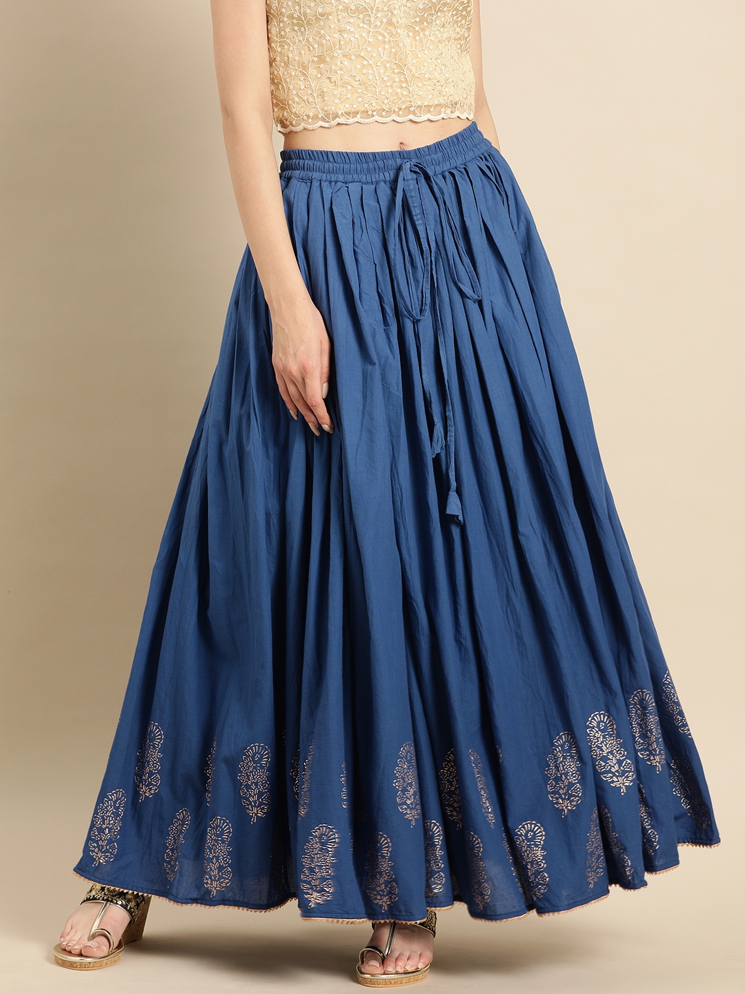 

Soch Blue Maxi Pure Cotton Flared Skirt with Foil Print