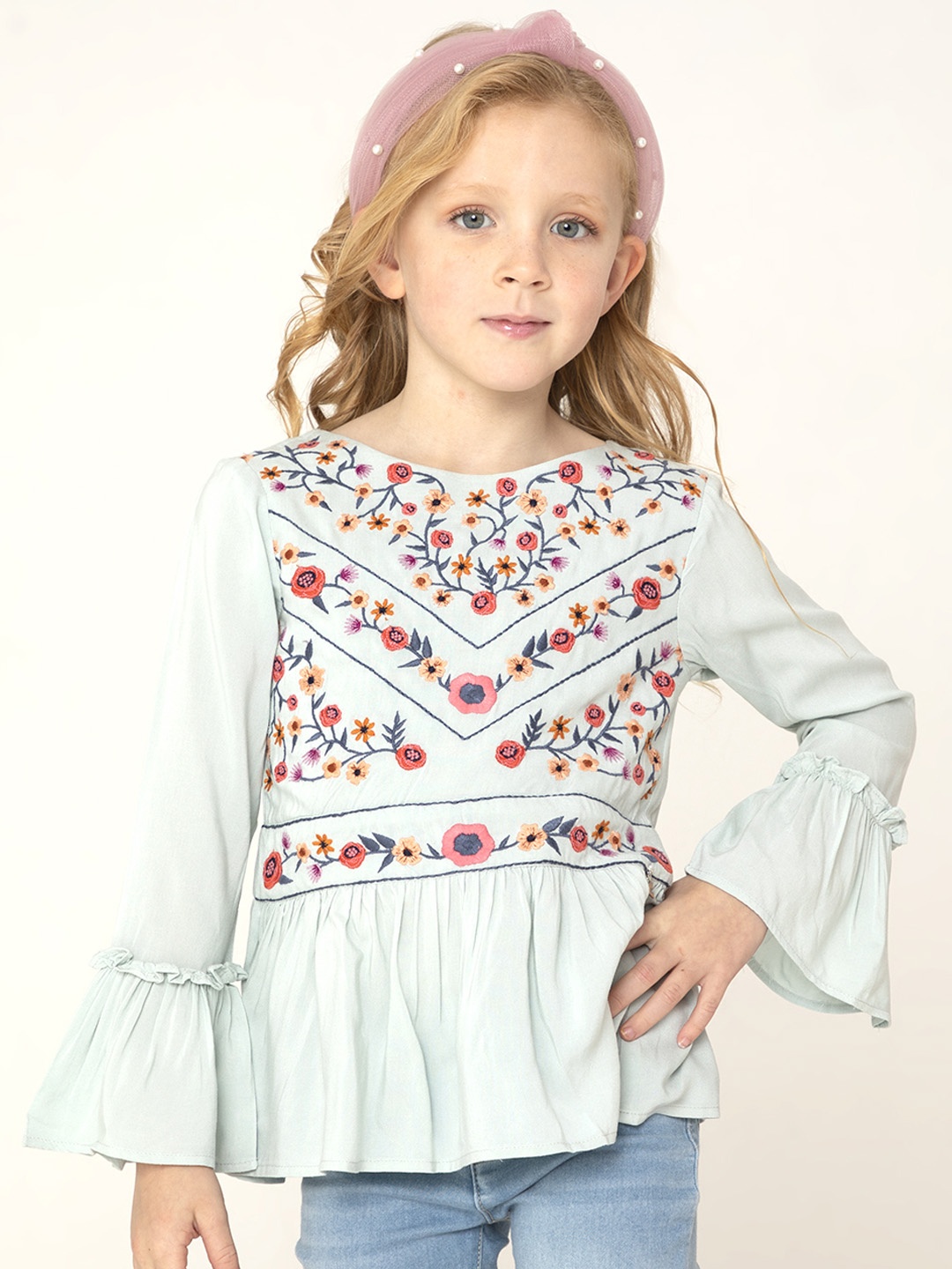 

Cherry Crumble Girls Sea Green Embroidered Cinched Waist Cotton Top